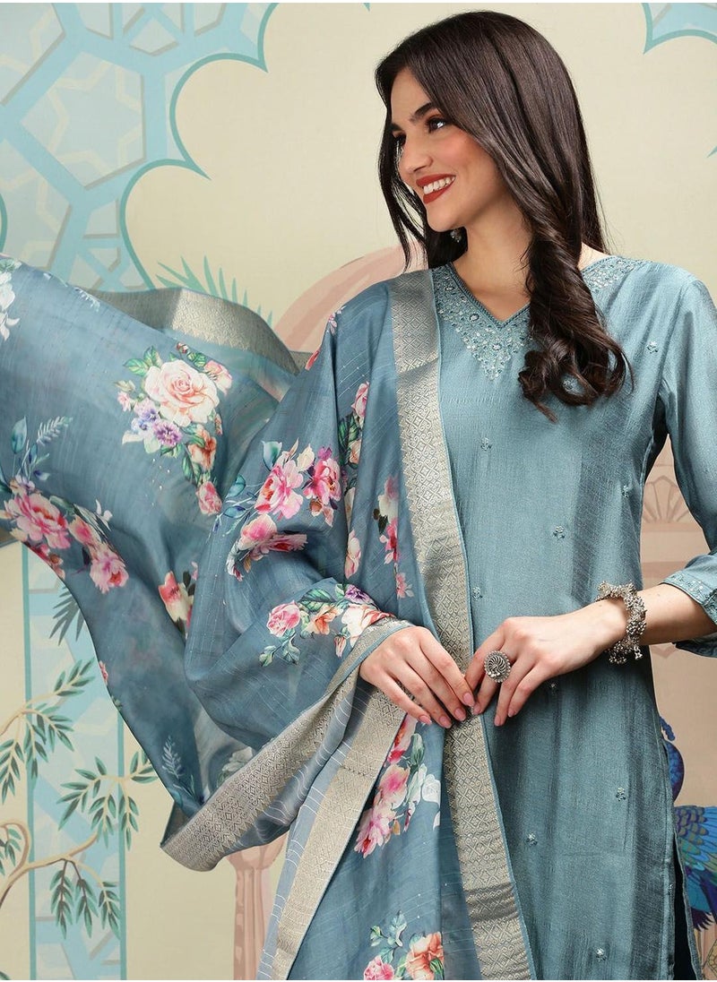 ISHIN Women's Teal Polyester Blend Embellished Tunic Full Length Casual Straight Fit Kurta Set  - Image 2
