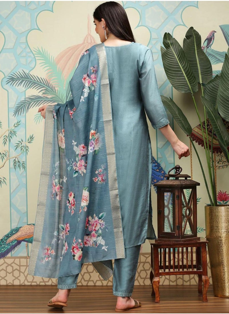 ISHIN Women's Teal Polyester Blend Embellished Tunic Full Length Casual Straight Fit Kurta Set  - Image 5