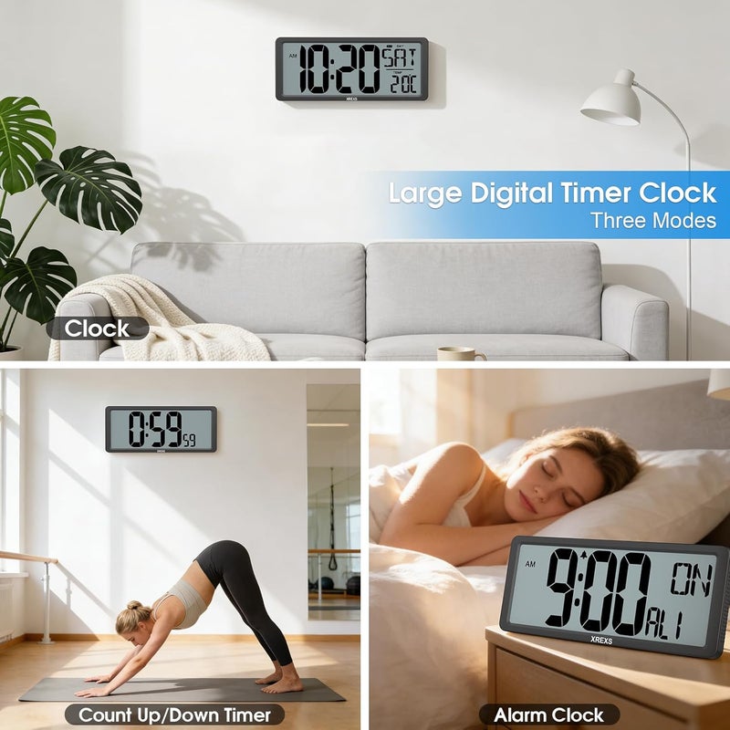 XREXS Large Digital Wall Clock, 13.46'' Large LCD Display Wall Digital Clock, Digital Alarm Clocks for Bedroom Home Decor, Calendar Clock with Time/Calendar/Temperature Display (Batteries Included) - Image 5