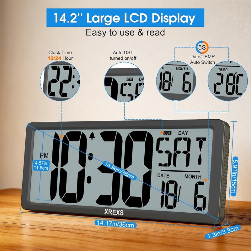 XREXS Large Digital Wall Clock, 13.46'' Large LCD Display Wall Digital Clock, Digital Alarm Clocks for Bedroom Home Decor, Calendar Clock with Time/Calendar/Temperature Display (Batteries Included) - Image 2