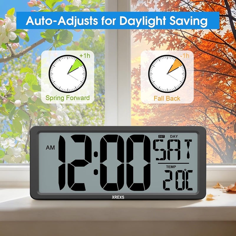 XREXS Large Digital Wall Clock, 13.46'' Large LCD Display Wall Digital Clock, Digital Alarm Clocks for Bedroom Home Decor, Calendar Clock with Time/Calendar/Temperature Display (Batteries Included) - Image 4
