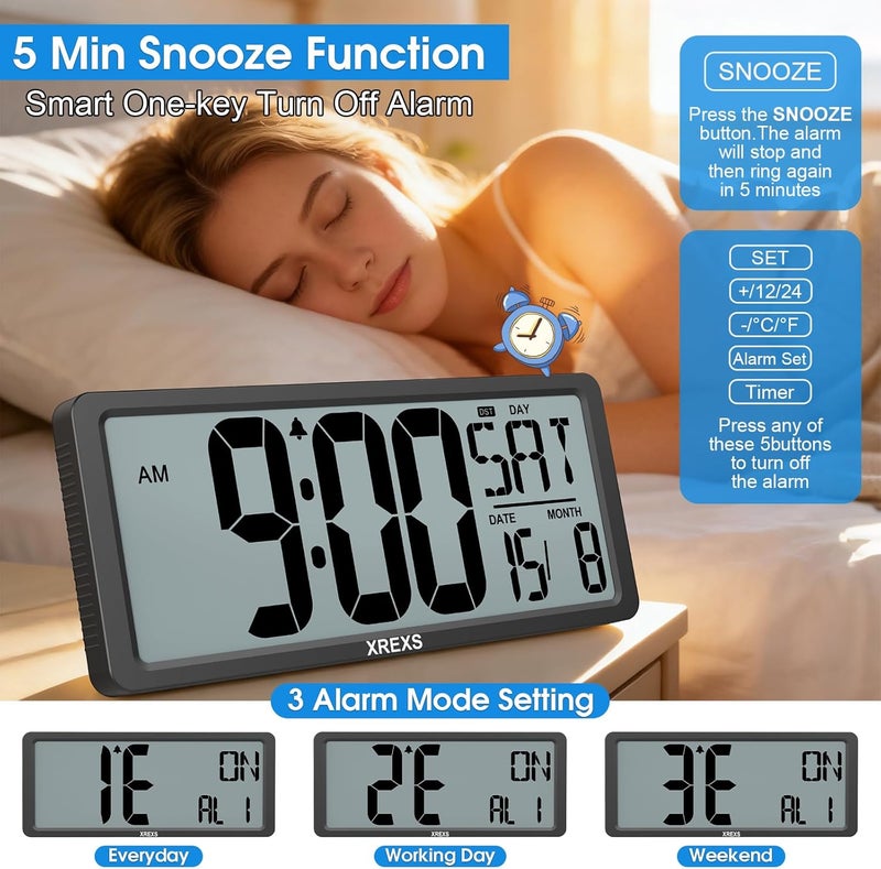 XREXS Large Digital Wall Clock, 13.46'' Large LCD Display Wall Digital Clock, Digital Alarm Clocks for Bedroom Home Decor, Calendar Clock with Time/Calendar/Temperature Display (Batteries Included) - Image 3