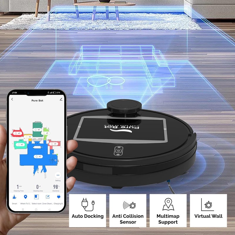 Pure Bot مكنسة روبوتية كلاسيكية 2 في 1 من بيور بوت GB مع خاصية المسح 3000PA شفط بطارية 5200mAh زمن تشغيل 200 دقيقة نظام ملاحة ليزرية شحن ذاتي متوافقة مع أليكسا وجوجل باللون الأسود - Image 3