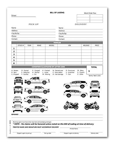 2 Part Vehicle Transport Bill of Lading Form WhiteYellow