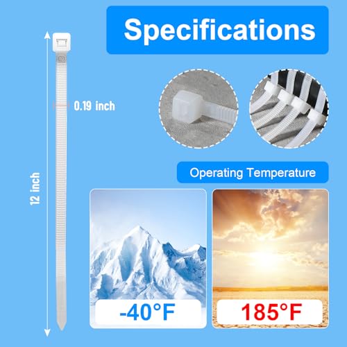 REZOSY White Zip Ties 12 Inch 100 Pack Clear Tensile Strength 50 lbs UV Resistant Industrial Cable Ties Self Locking Zipties Wire Ties Wrap Indoor Outdoor Use for Fence Garage Camping - Image 3