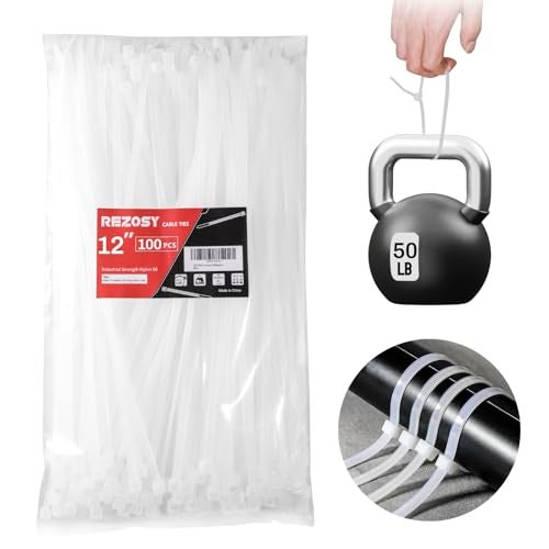 REZOSY White Zip Ties 12 Inch 100 Pack Clear Tensile Strength 50 lbs UV Resistant Industrial Cable Ties Self Locking Zipties Wire Ties Wrap Indoor Outdoor Use for Fence Garage Camping - Image 1