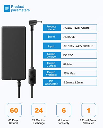 ALITOVE 12 Volt Power Supply 8A 96W AC Adapter 100-240V 50-60Hz to DC 12V Power Supply Adapter 8Amp 6A 5A Transformer 5.5x2.5mm Plug for DC12V Device LED Lights CCTV Camera Fan Printer - Image 2