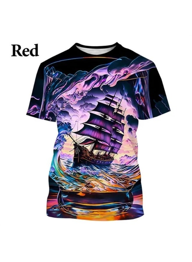 Sailing Ship Pattern T-Shirt For Men Women Ocean Planet 3D Print Tees Summer Loose Short Sleeves T Shirts O-Neck Tops - Image 1