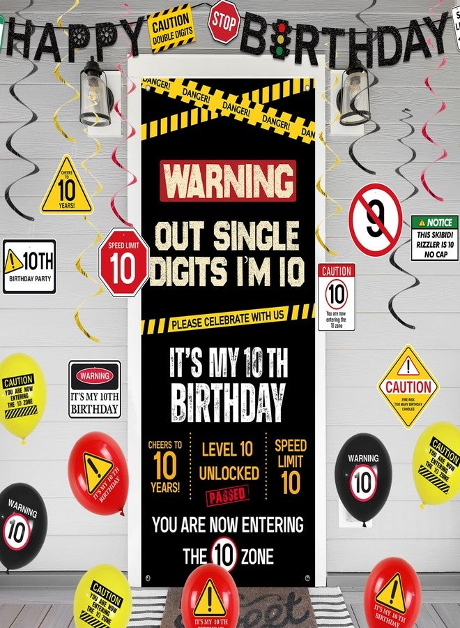 Roetyce 10th Birthday Decorations Boys Girls, Black Out Single Digits I'm 10 Banner Backdrop Balloons Hanging Swirls, Caution Logo Themed 10 Years Old Party Yard Door Wall Cover Background - Image 4