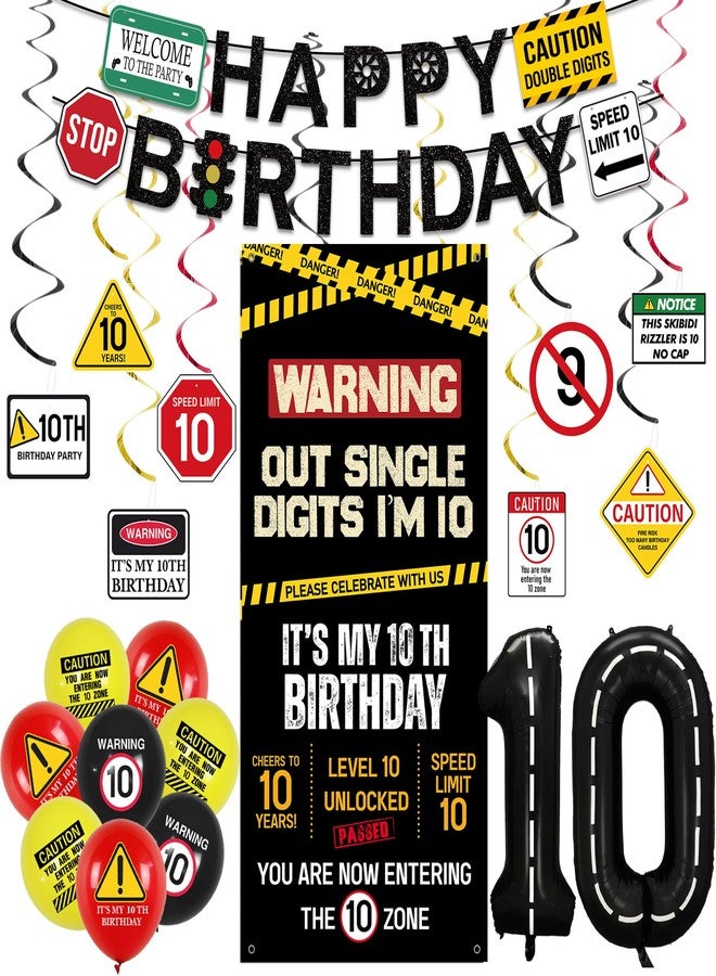 Roetyce 10th Birthday Decorations Boys Girls, Black Out Single Digits I'm 10 Banner Backdrop Balloons Hanging Swirls, Caution Logo Themed 10 Years Old Party Yard Door Wall Cover Background - Image 1