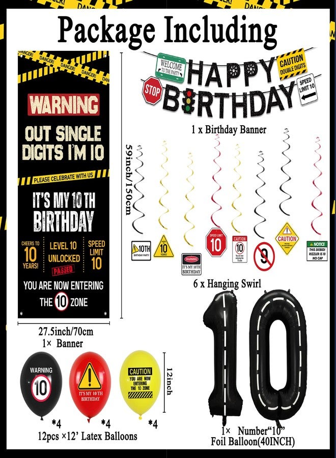Roetyce 10th Birthday Decorations Boys Girls, Black Out Single Digits I'm 10 Banner Backdrop Balloons Hanging Swirls, Caution Logo Themed 10 Years Old Party Yard Door Wall Cover Background - Image 2