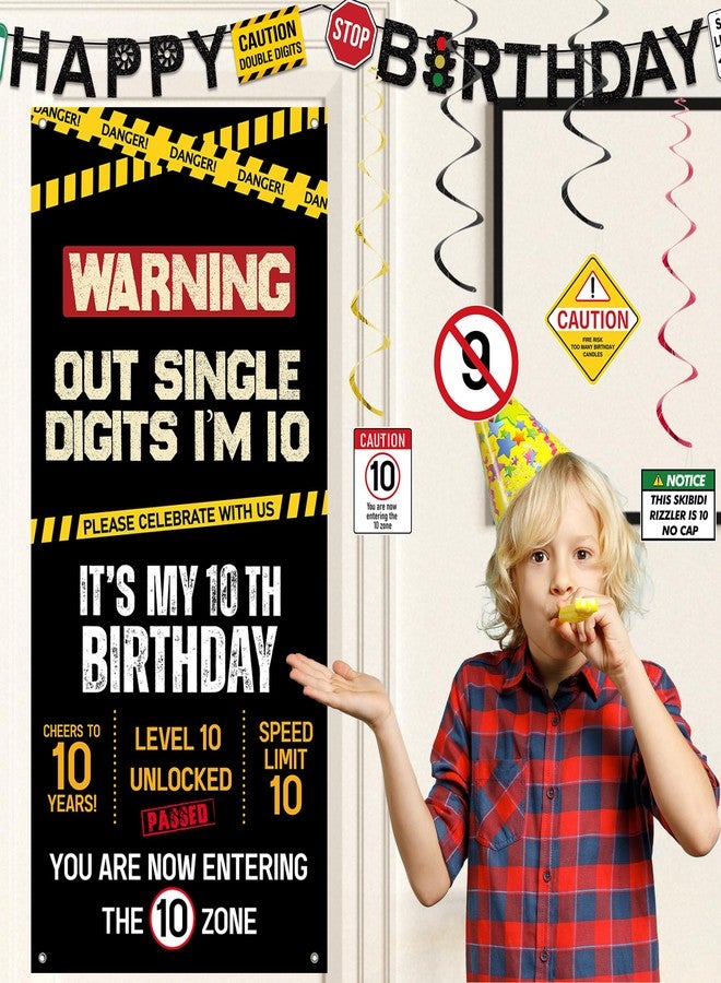 Roetyce 10th Birthday Decorations Boys Girls, Black Out Single Digits I'm 10 Banner Backdrop Balloons Hanging Swirls, Caution Logo Themed 10 Years Old Party Yard Door Wall Cover Background - Image 5