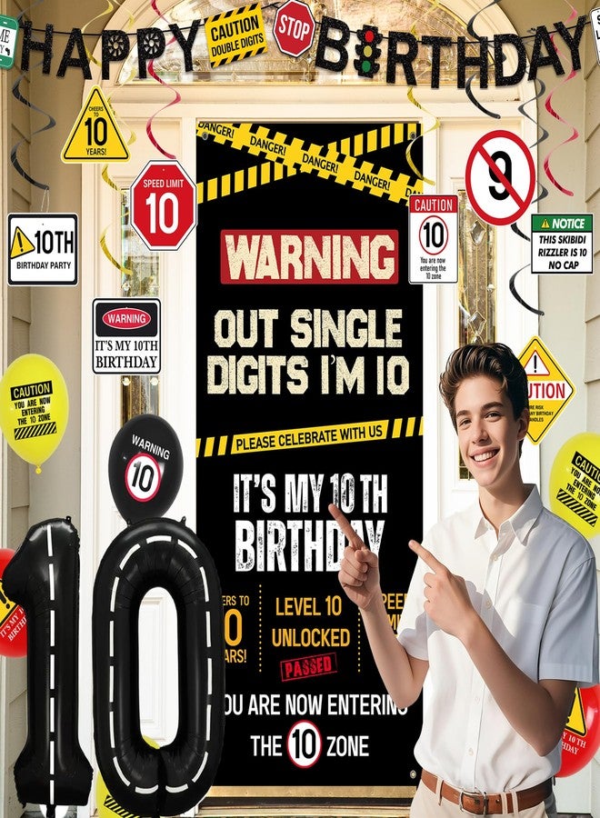 Roetyce 10th Birthday Decorations Boys Girls, Black Out Single Digits I'm 10 Banner Backdrop Balloons Hanging Swirls, Caution Logo Themed 10 Years Old Party Yard Door Wall Cover Background - Image 3