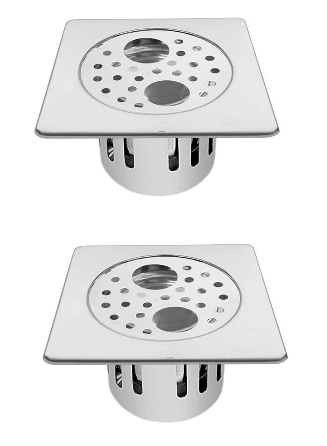 Bath Bliss BATHBLISS Stainless Steel 5"x5" Holly Square Double Hole with Anti-Cockroach Water Drain Lock Jali for Bathroom & Kitchen (Pack of 2) - Image 1