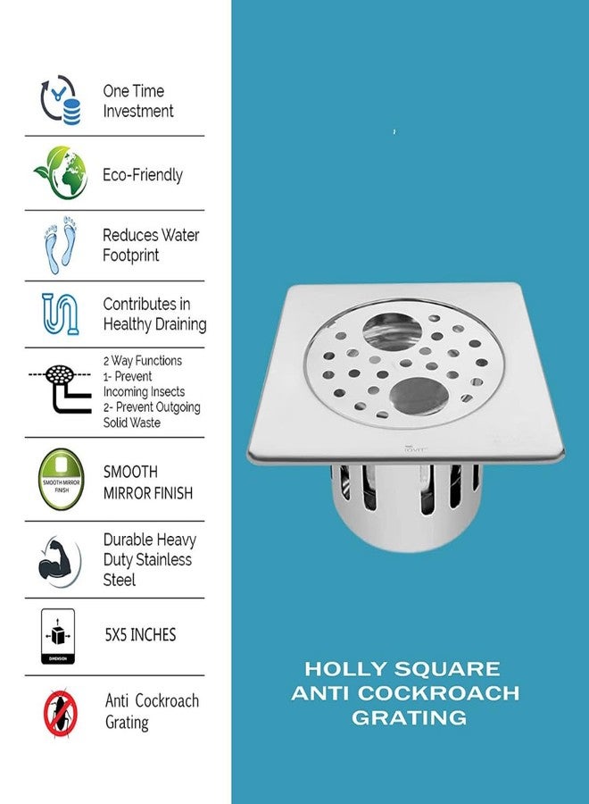 Bath Bliss BATHBLISS Stainless Steel 5"x5" Holly Square Double Hole with Anti-Cockroach Water Drain Lock Jali for Bathroom & Kitchen (Pack of 2) - Image 2