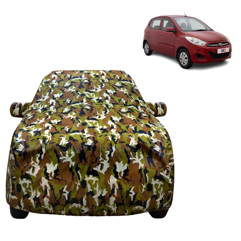 VYAS 100% Waterproof Car Body Cover for Hyundai I-20 Old (2008-2013) with Mirror Pocket Triple Stitched Belt & Buckle Fitting Dual Elastic, Durable Material Jungle Print Camouflage Design - Image 1