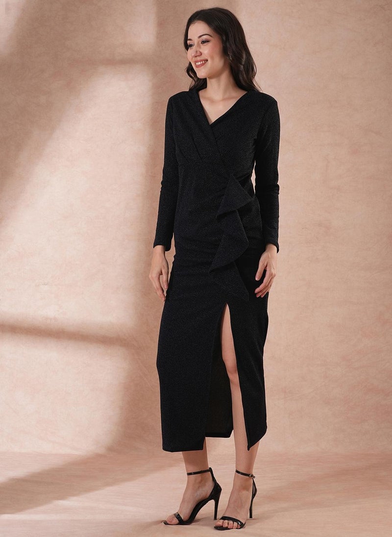 Globus Women's Dress Navy Blue Party with V-Neck and Ruffle Detail - Image 3