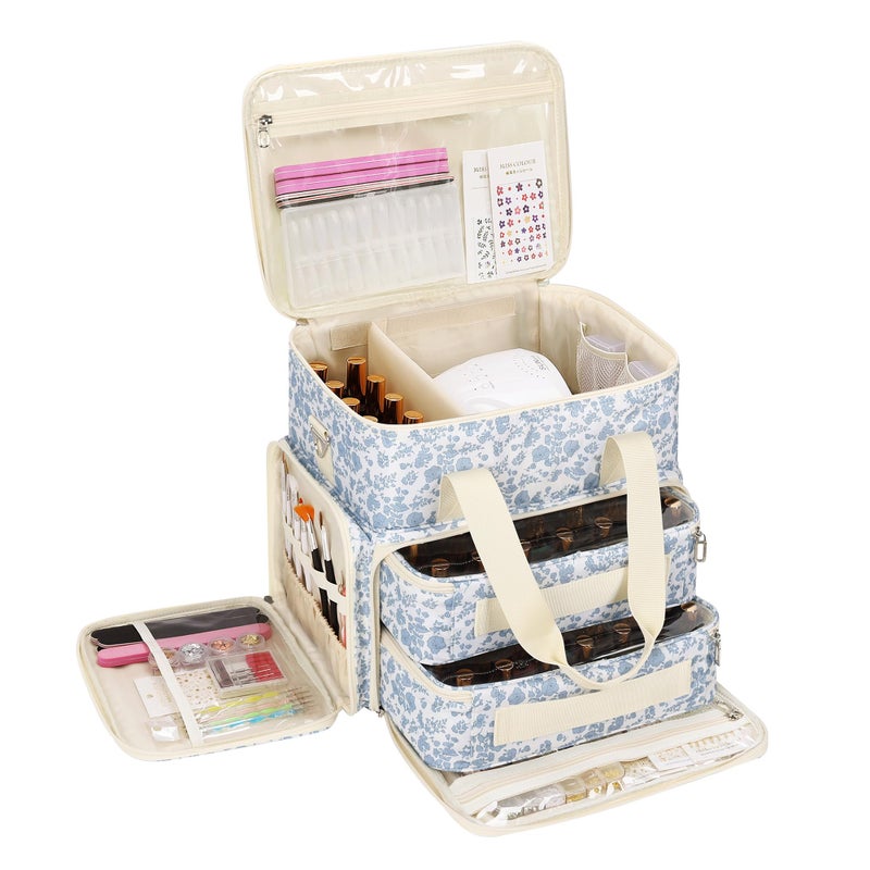 Relavel Nail Polish Organizer, Nail Bag Holds 80 to 100+ Bottles (15ml/0.5fl.oz) Nail Lamp, Nail Supplies Kit Gels Polish Storage Case with 2 Removable Pouches for Manicure Nail Tech Gifts (Floral) - Image 1