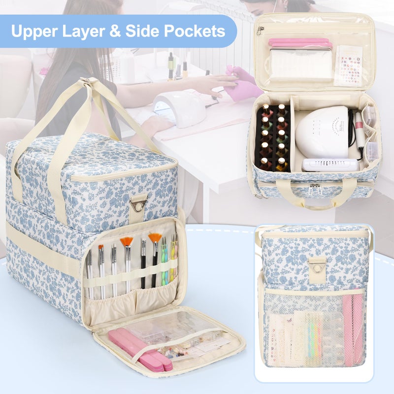 Relavel Nail Polish Organizer, Nail Bag Holds 80 to 100+ Bottles (15ml/0.5fl.oz) Nail Lamp, Nail Supplies Kit Gels Polish Storage Case with 2 Removable Pouches for Manicure Nail Tech Gifts (Floral) - Image 4