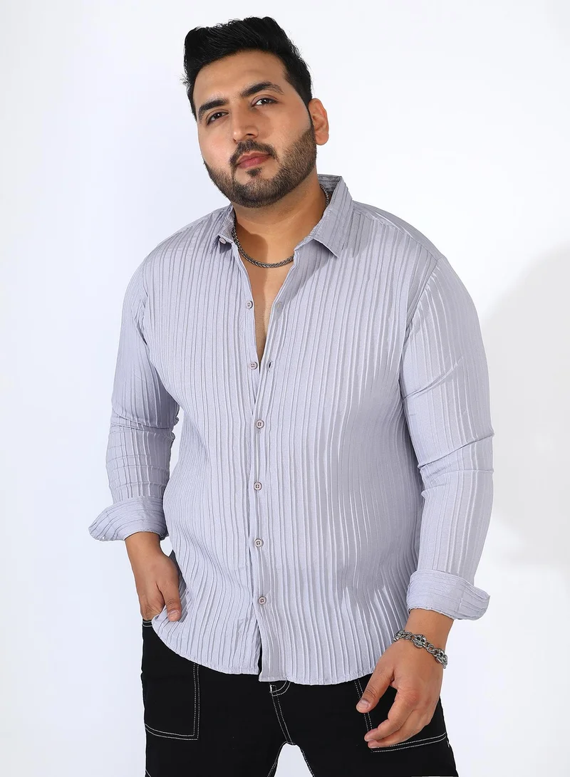 Instafab Plus Men's Moon Grey Self-Design Striped Shirt