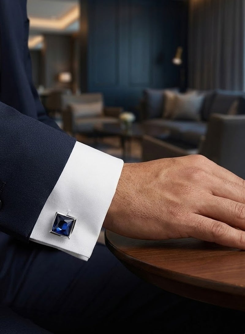 FIORICASA Men’s Austrian Blue Crystal Copper Cufflinks – Luxury Square Silver Design - Image 4