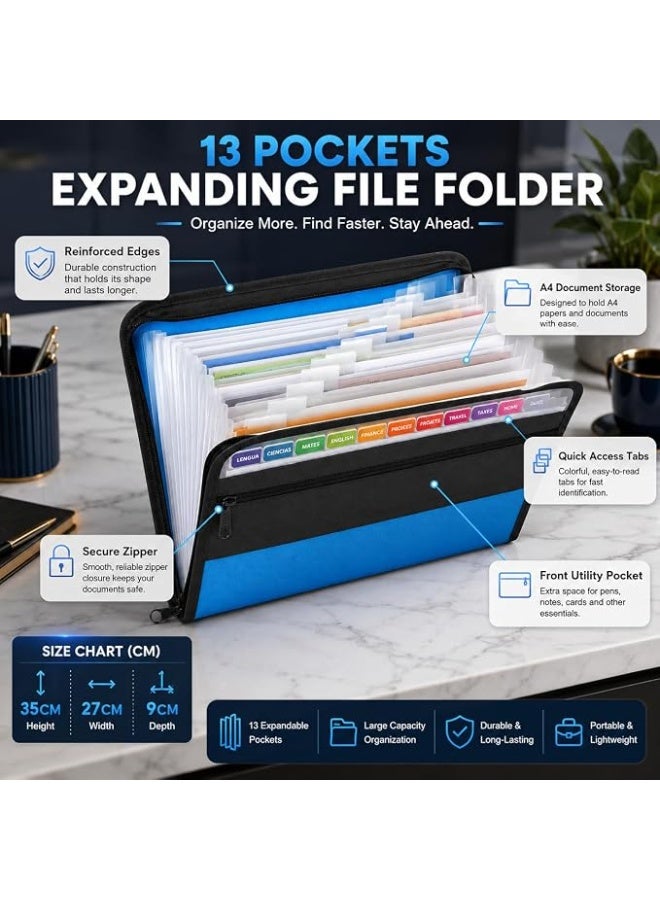 13 Pocket Expanding File Folder A4 – Zipper Document Organizer with Color Tabs & Front Pocket - Image 2