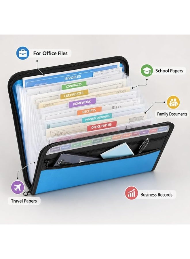 13 Pocket Expanding File Folder A4 – Zipper Document Organizer with Color Tabs & Front Pocket - Image 3