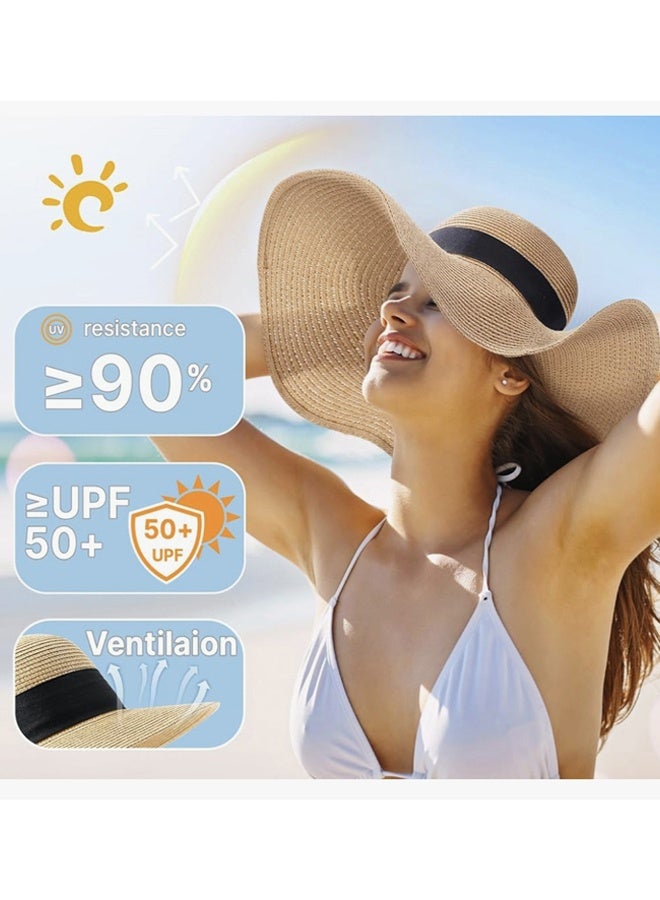 Hello Sunshine Printed Women's Beach Hat Big Straw Wide Brim Summer Floppy Hat Foldable Sun Hat with UPF 50+,for Beach Vacation Getaways Poolside Lounging Outdoor Picnics Garden Parties Coastal Walks Travel Sightseeing - Image 3