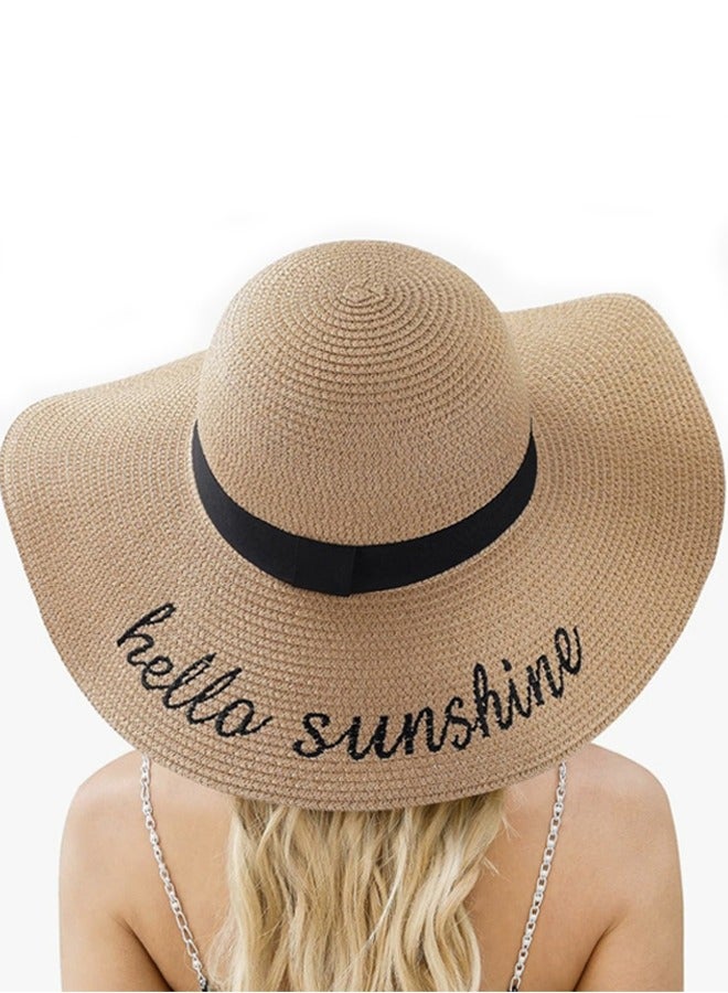 Hello Sunshine Printed Women's Beach Hat Big Straw Wide Brim Summer Floppy Hat Foldable Sun Hat with UPF 50+,for Beach Vacation Getaways Poolside Lounging Outdoor Picnics Garden Parties Coastal Walks Travel Sightseeing - Image 1
