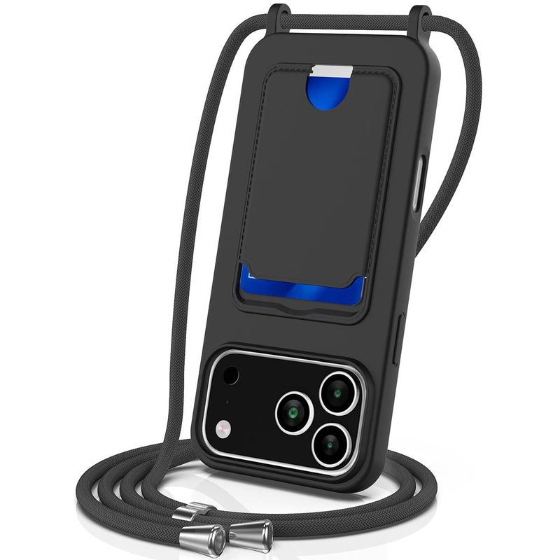 إيروريكس جراب هاتف من السيليكون السائل بلون سادة مع حقيبة بطاقات مدمجة لهاتف iPhone 17 Pro مع حبل (أسود) - Image 1