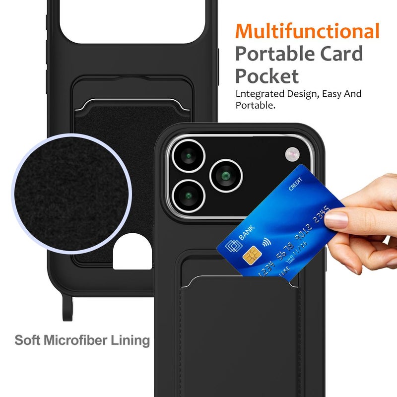 إيروريكس جراب هاتف من السيليكون السائل بلون سادة مع حقيبة بطاقات مدمجة لهاتف iPhone 17 Pro مع حبل (أسود) - Image 3