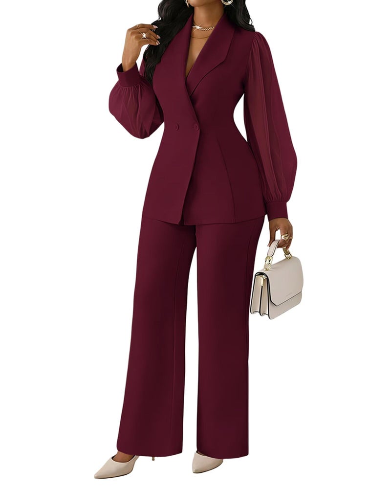 Kafiloe Women's Suits 2 Piece Set Dressy Long Sleeve Blazer Pants Suits Work Office Business Casual Outfits Burgundy M - Image 1
