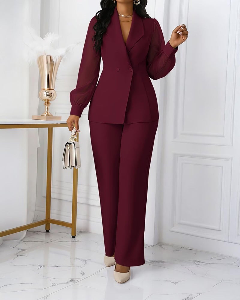 Kafiloe Women's Suits 2 Piece Set Dressy Long Sleeve Blazer Pants Suits Work Office Business Casual Outfits Burgundy M - Image 2