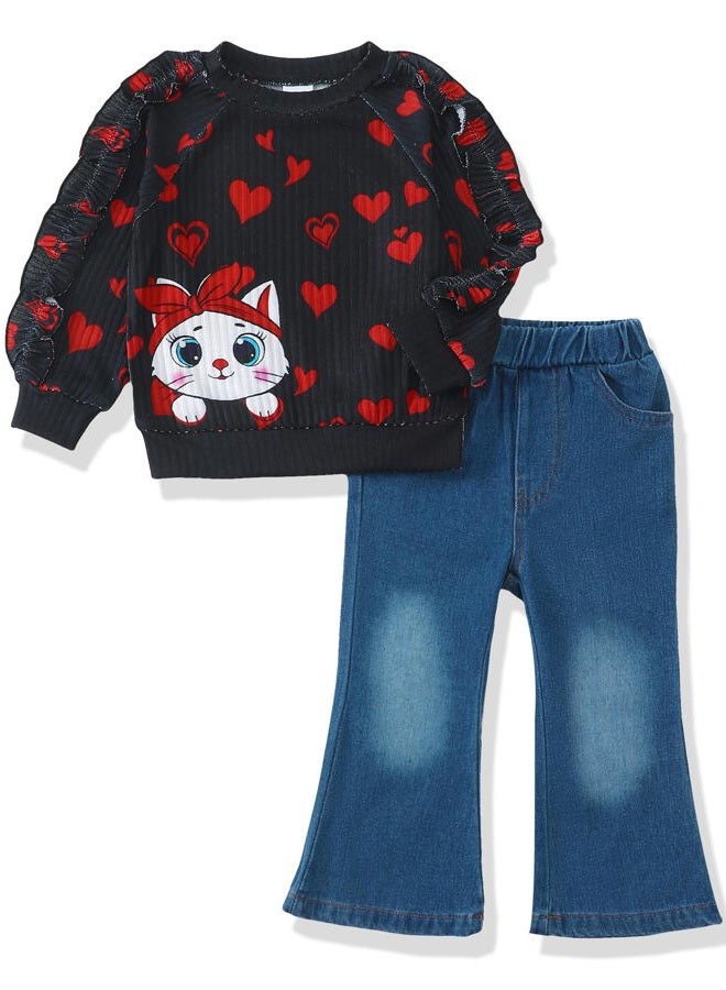 SODLON Baby Toddler Girl Clothes Outfits Kids Sweatshirt Jeans Set Denim Pants Little Girls Clothes Toddler Outfit for Girls, Black Cat, 2-3 Years - Image 1