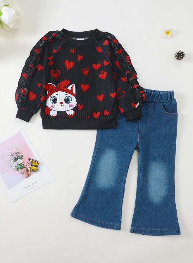 SODLON Baby Toddler Girl Clothes Outfits Kids Sweatshirt Jeans Set Denim Pants Little Girls Clothes Toddler Outfit for Girls, Black Cat, 2-3 Years - Image 2
