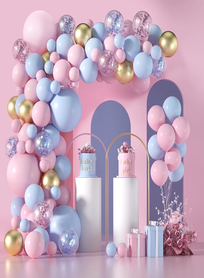 Janinus Pink and Blue Balloon Garland Arch Kit-130 PCS 5+12+18 Inch Pink Blue Confetti Gold Latex Balloons Gender Reveal Balloons For Boys Girls Gender Reveal Decorations Baby Shower Decorations
