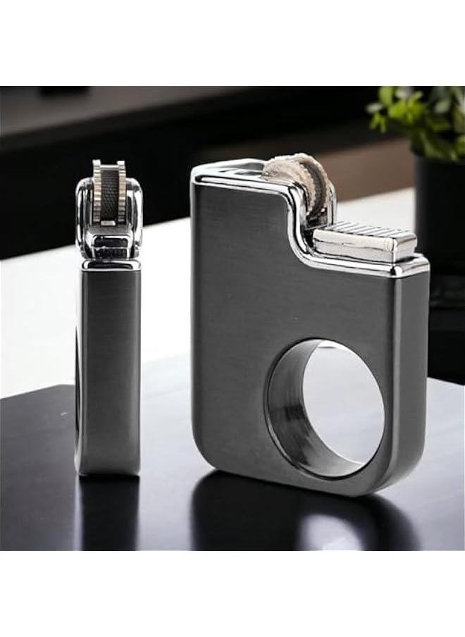 Generic - Creative Ring Buckle Lighter, Metal Grinding Wheel Lighter, Retro Open Flame, Keychain Pendant, Refillable Butane Flame Lighter, for Men (Gas Not Included) Black - Image 1