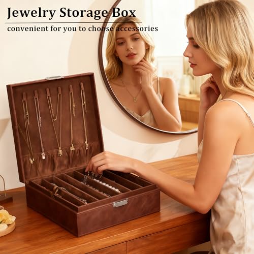 BEWISHOME Jewelry Boxes for Women, 2-Layer Necklace Organizer Box, Modern Style Jewelry Organizers and Storage with Removable Pad, Mothers Day (Brown SSH31Z) - Image 3