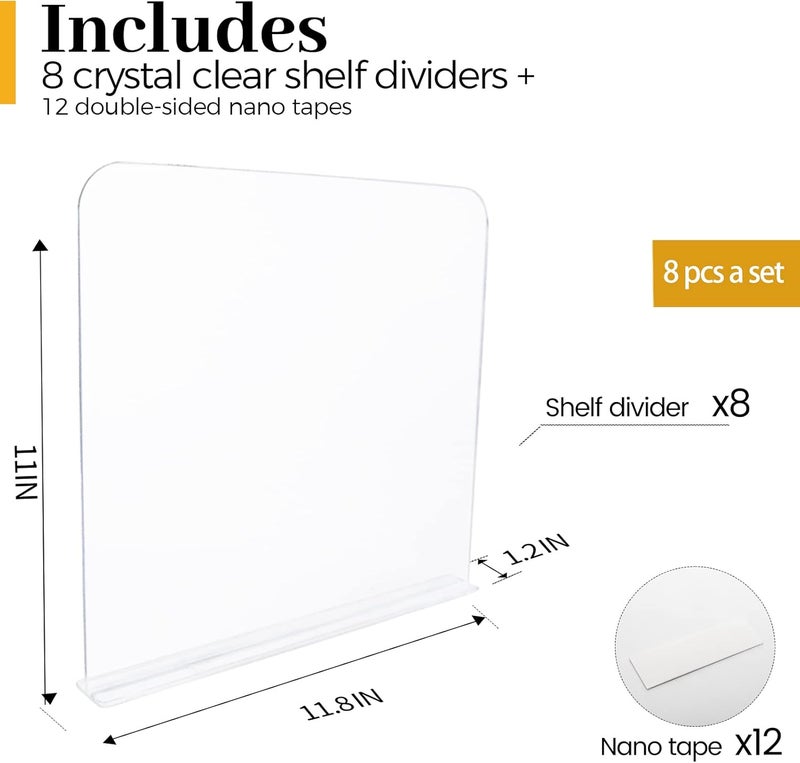 ROUFA Clear Acrylic Shelf Dividers, 8Pcs Closet Dividers Fit for Any Thickness of Shelves, Multi-Purpose Wood Shelf Separators for Bedroom, Kitchen, Office, Bathroom, 11.8''x11'' - Image 2
