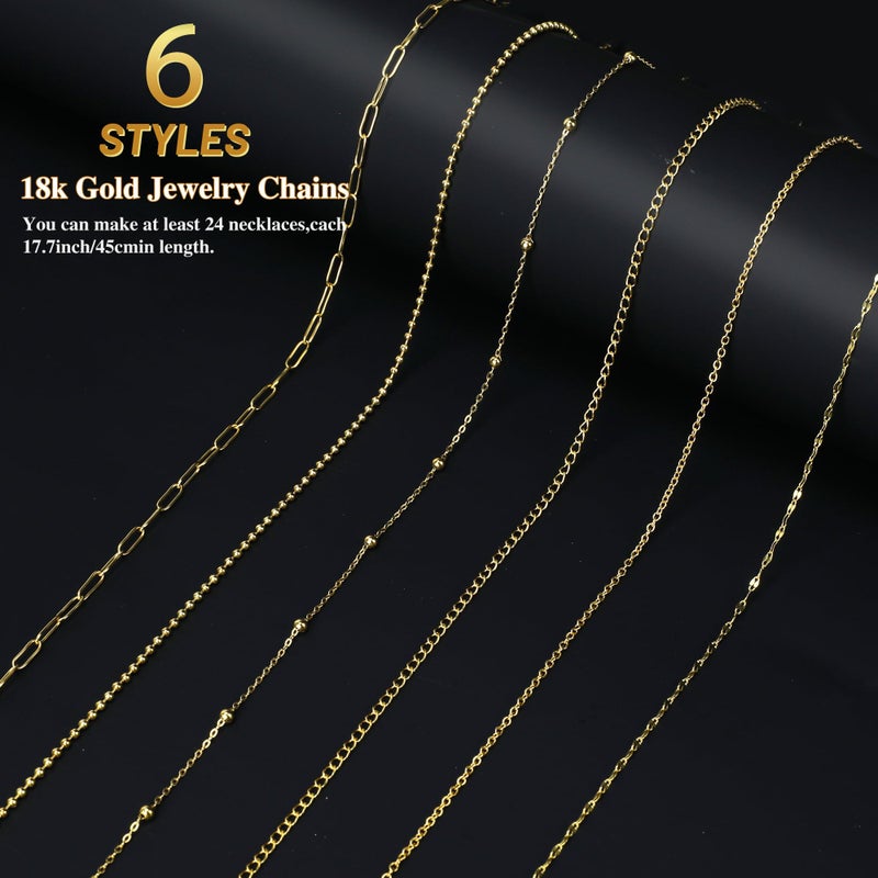 Starry 18k Gold Plated Stainless Steel Jewelry Chains Kit 39.3FT 6 Rolls Bulk (6.5FT/2M) with Letter Pendants, Colorful Charms, Pliers, Jump Rings, Lobster Clasps for DIY Necklace Bracelet Making - Image 2