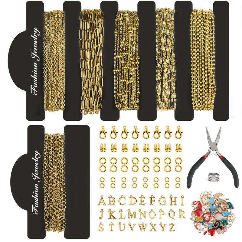 Starry 18k Gold Plated Stainless Steel Jewelry Chains Kit 39.3FT 6 Rolls Bulk (6.5FT/2M) with Letter Pendants, Colorful Charms, Pliers, Jump Rings, Lobster Clasps for DIY Necklace Bracelet Making - Image 1