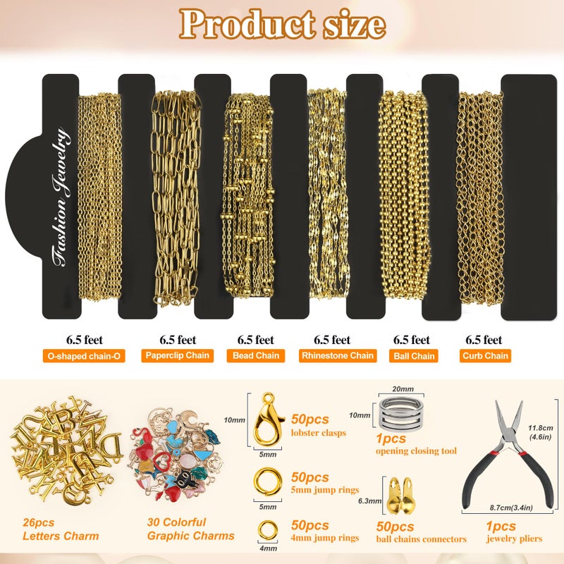 Starry 18k Gold Plated Stainless Steel Jewelry Chains Kit 39.3FT 6 Rolls Bulk (6.5FT/2M) with Letter Pendants, Colorful Charms, Pliers, Jump Rings, Lobster Clasps for DIY Necklace Bracelet Making - Image 3