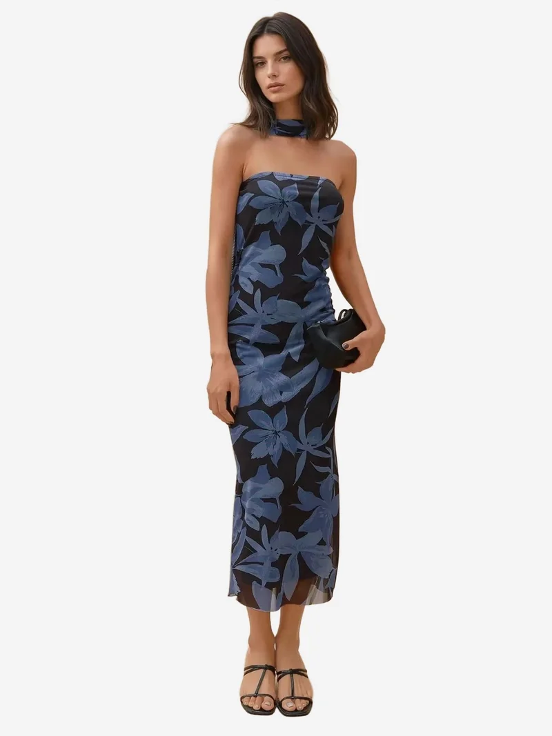 زوبعة فستان ميدي مزهر بدون حمالات