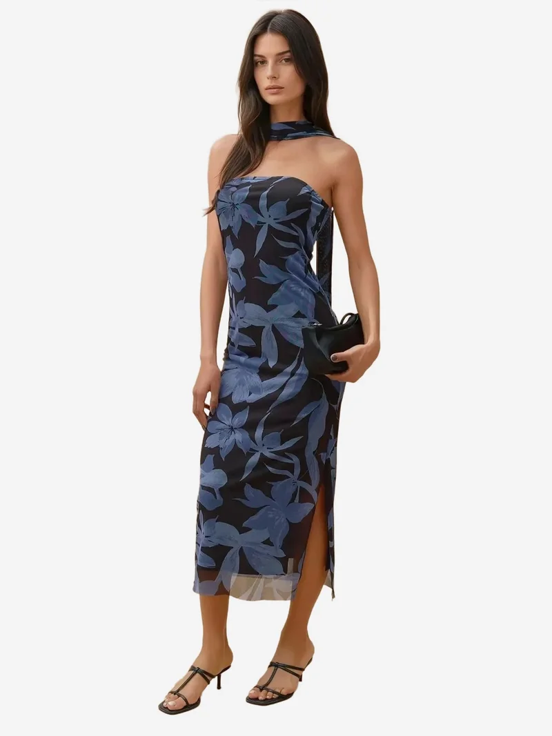 زوبعة فستان ميدي مزهر بدون حمالات