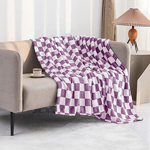 LOMAO Throw Blankets Flannel Blanket with Checkerboard Grid Pattern Soft Throw Blanket for Couch, Bed, Sofa Luxurious Warm and Cozy for All Seasons (Purple, 50"x60") - Image 2