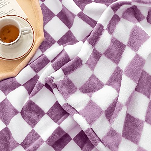 LOMAO Throw Blankets Flannel Blanket with Checkerboard Grid Pattern Soft Throw Blanket for Couch, Bed, Sofa Luxurious Warm and Cozy for All Seasons (Purple, 50"x60") - Image 4