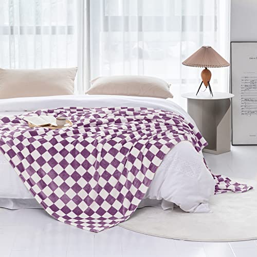 LOMAO Throw Blankets Flannel Blanket with Checkerboard Grid Pattern Soft Throw Blanket for Couch, Bed, Sofa Luxurious Warm and Cozy for All Seasons (Purple, 50"x60") - Image 3