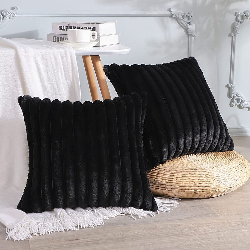 Sungeek Set of 2 Black Faux Rabbit Fur Cushion Covers 40x40 cm Soft Cozy Plush Striped Decorative Throw Pillow Covers 16x16 inch Velvet Square Pillowcases for Sofa Bedroom