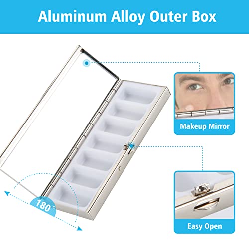 Goshentech 7 Day Pretty Mini Metal Pill Organizer Pill Box Built-in Makeup Mirror with Spring Open Design and 7 Compartment to Hold Vitamins Cod Liver Oil Supplements and Medication (Silver) - Image 4