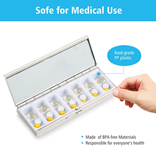 Goshentech 7 Day Pretty Mini Metal Pill Organizer Pill Box Built-in Makeup Mirror with Spring Open Design and 7 Compartment to Hold Vitamins Cod Liver Oil Supplements and Medication (Silver) - Image 3